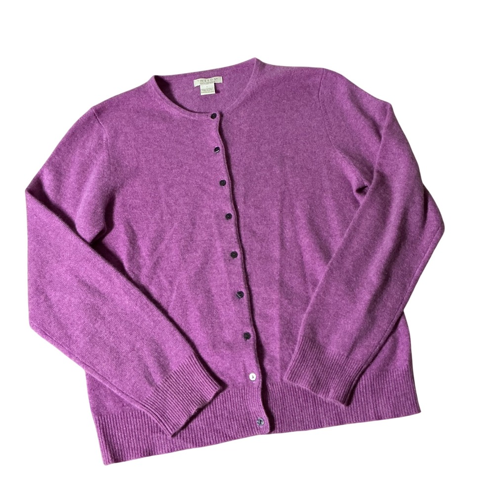 Tweeds Cashmere Luxury Button Front Preppy Cardigan Women L Purple Minimalist